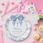 Vintage Blue Bow Floral Baptism Christening ペーパープレート (パーティー)