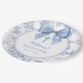 Vintage Blue Bow Floral Baptism Christening ペーパープレート (アングル)
