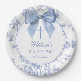 Vintage Blue Bow Floral Baptism Christening ペーパープレート