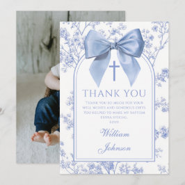 Vintage Blue Bow Floral Boy Baptism Photo サンキューカード