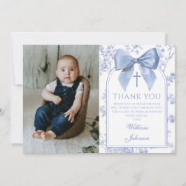Vintage Blue Bow Floral Boy Baptism Photo サンキューカード