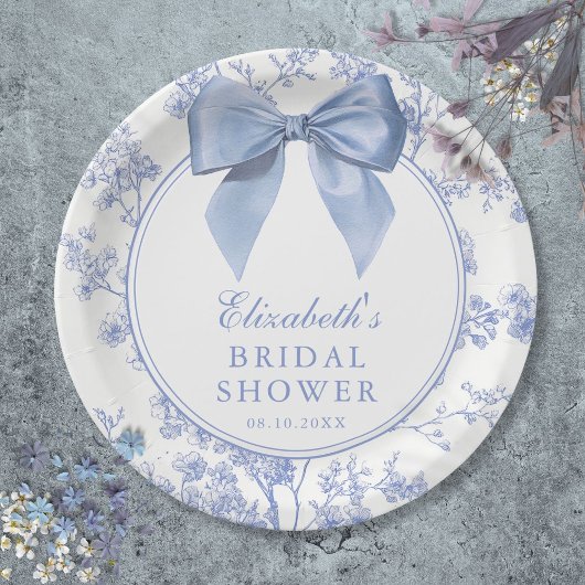 Vintage Blue Bow Floral Bridal Shower ペーパープレート
