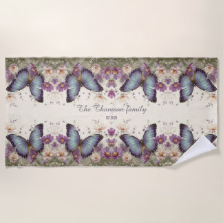 Vintage Blue Butterfly and Floral for Family ビーチタオル