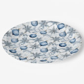 Vintage Blue Christmas Tree Ornaments Pattern ペーパープレート (アングル)