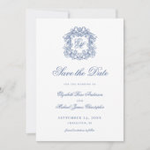 Vintage Blue Elegant Crest Monogram Wedding Photo セーブザデート (正面)