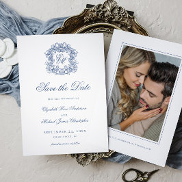 Vintage Blue Elegant Crest Monogram Wedding Photo セーブザデート