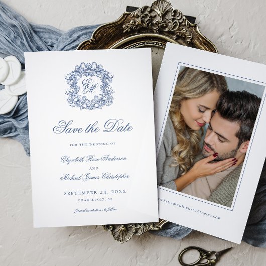 Vintage Blue Elegant Crest Monogram Wedding Photo セーブザデート