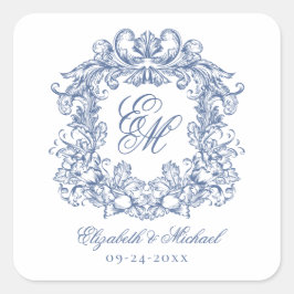 Vintage Blue Elegant Wedding Monogram Crest スクエアシール