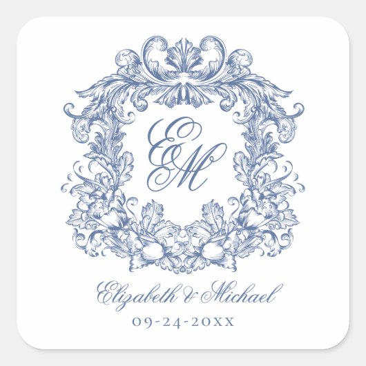 Vintage Blue Elegant Wedding Monogram Crest スクエアシール (正面)