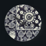 vintage blue floral flowers fabric textile art ラウンド壁時計<br><div class="desc">vintage antique dark blue and off white floral flowers ,  lion,  birds and trees fabric textile art round wall clock</div>