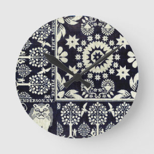 vintage blue floral flowers fabric textile art ラウンド壁時計