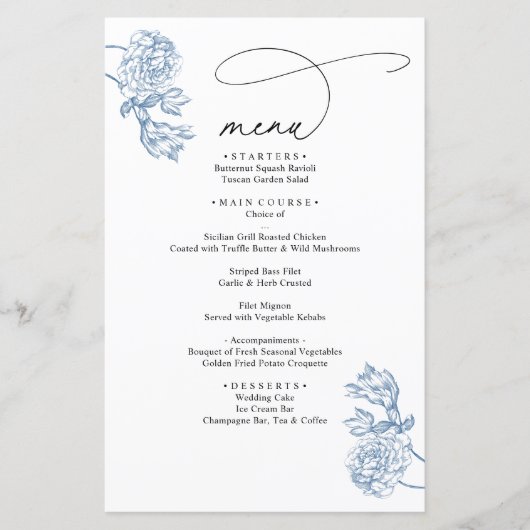 Vintage Blue Floral Modern Script Wedding Menu (正面)