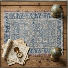Vintage Blue Floral Rug Faded Botanical Persian スローブランケット