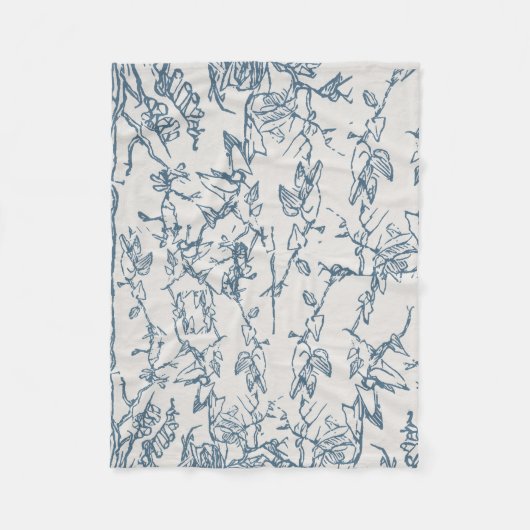 Vintage Blue Floral Sketch Pattern フリースブランケット (正面)