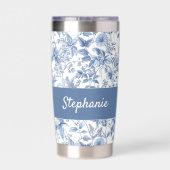 Vintage Blue Floral Toile Monogram 保温保冷タンブラー (背面)