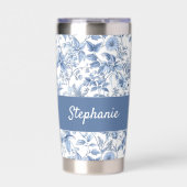 Vintage Blue Floral Toile Monogram 保温保冷タンブラー (正面)