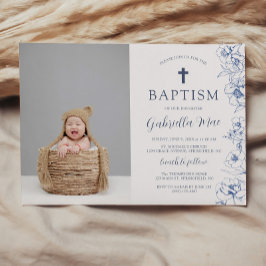 Vintage Blue Flowers Baptism Photo Invitation 招待状