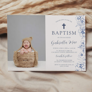 Vintage Blue Flowers Baptism Photo Invitation 招待状