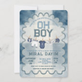 Vintage Blue Football Oh Boy Baby Shower 招待状 (正面)