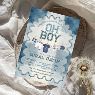 Vintage Blue Football Oh Boy Baby Shower 招待状