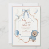 Vintage Blue Frame Rustic Bear Balloons Baby 招待状 (正面)