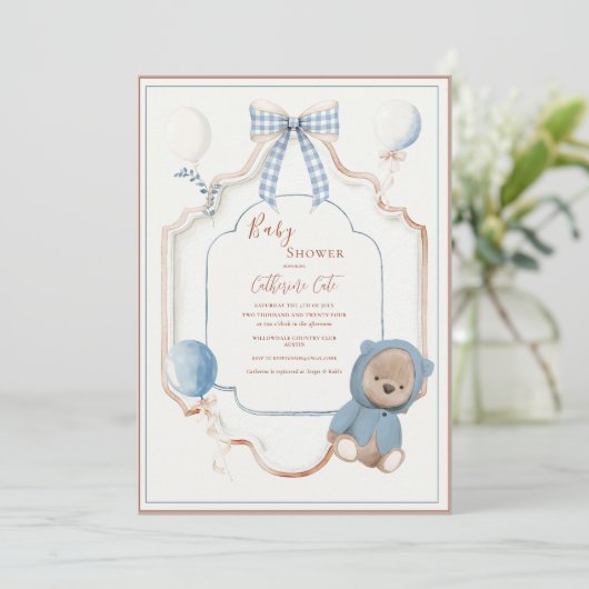 Vintage Blue Frame Rustic Bear Balloons Baby 招待状 (スタンド正面)