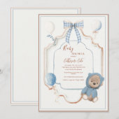 Vintage Blue Frame Rustic Bear Balloons Baby 招待状 (正面/裏面)