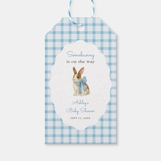 Vintage Blue Gingham Bunny Boy Baby Shower ギフトタグ (正面)
