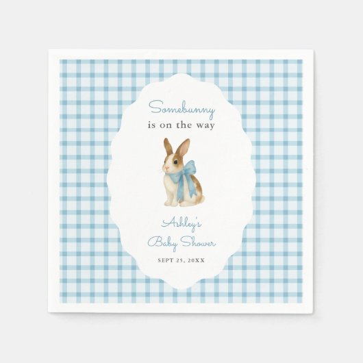 Vintage Blue Gingham Bunny Boy Baby Shower スタンダードカクテルナプキン (正面)