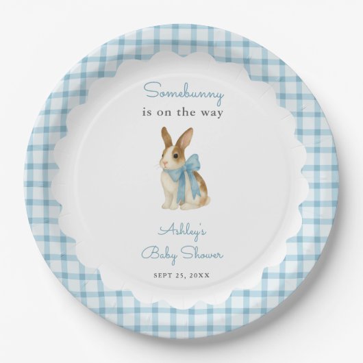 Vintage Blue Gingham Bunny Boy Baby Shower ペーパープレート (正面)