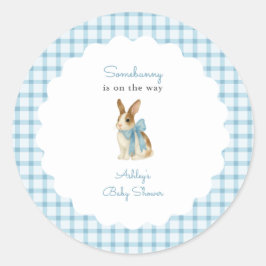 Vintage Blue Gingham Bunny Boy Baby Shower ラウンドシール