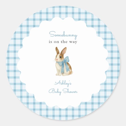 Vintage Blue Gingham Bunny Boy Baby Shower ラウンドシール (正面)