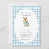 Vintage Blue Gingham Bunny Boy Baby Shower 招待状 (正面)