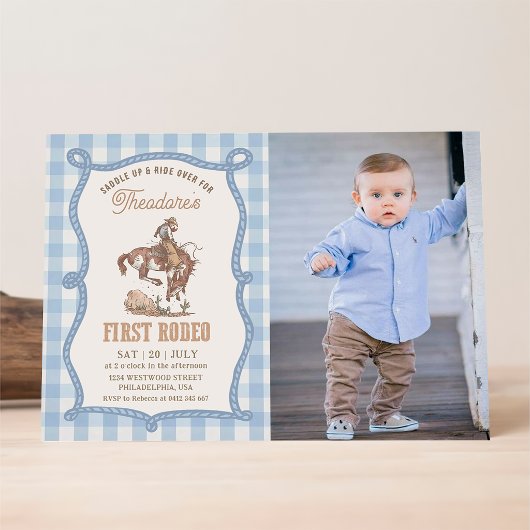 Vintage Blue Gingham First Rodeo Photo 招待状