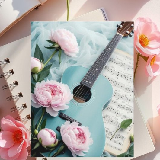 Vintage Blue Guitar & White Flower Art Postcard |  ポストカード