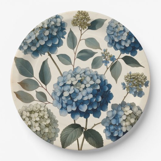 Vintage Blue Hydrangea Botanical Paper Plate ペーパープレート (正面)