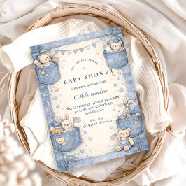 Vintage Blue Jeans Pocket Friends Baby Shower 招待状