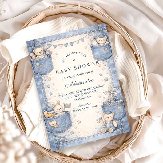 Vintage Blue Jeans Pocket Friends Baby Shower 招待状