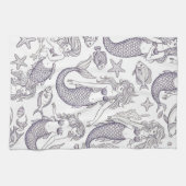 Vintage Blue Mermaid & Sea Life Pattern キッチンタオル (横)