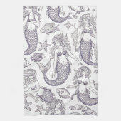 Vintage Blue Mermaid & Sea Life Pattern キッチンタオル (縦)