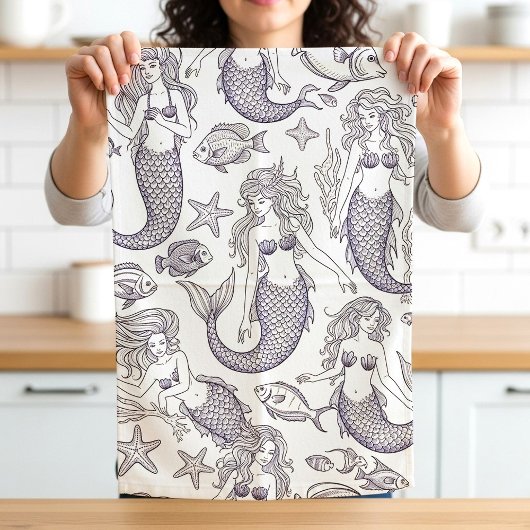 Vintage Blue Mermaid & Sea Life Pattern キッチンタオル