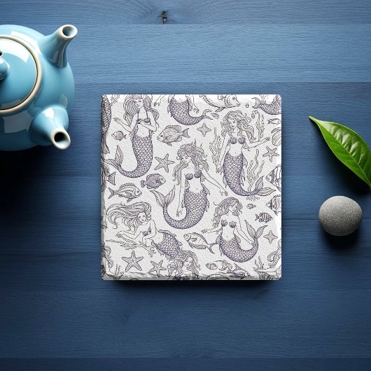 Vintage Blue Mermaid & Sea Life Pattern ストーンコースター