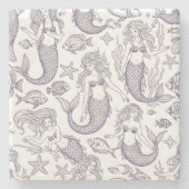 Vintage Blue Mermaid & Sea Life Pattern ストーンコースター (正面)
