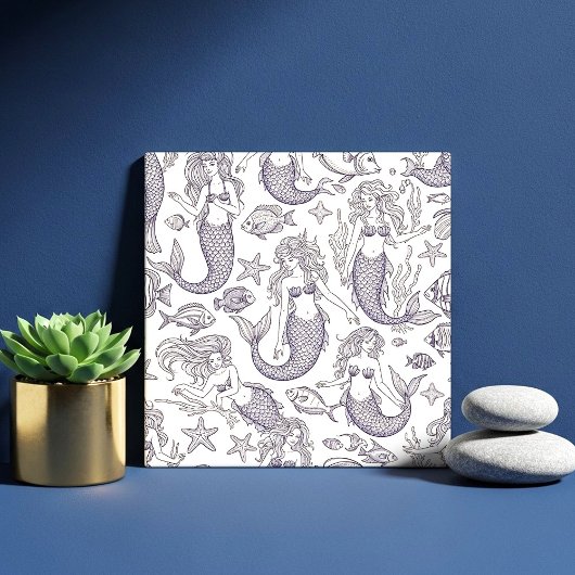 Vintage Blue Mermaid & Sea Life Pattern タイル