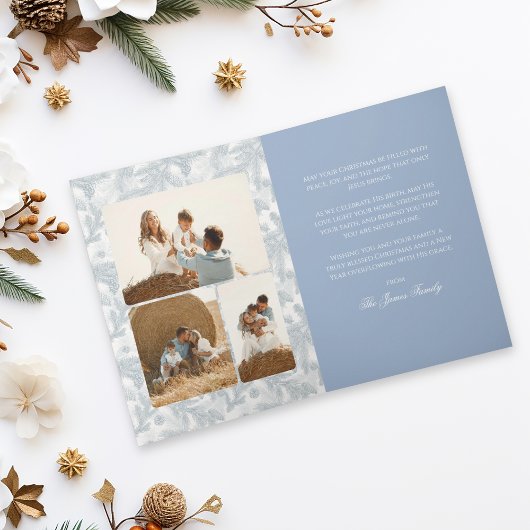Vintage Blue Pine Branches Folding Christmas Card カード