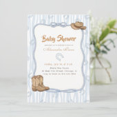 Vintage Blue Plaid Western Cowboy Baby Shower 招待状 (スタンド正面)