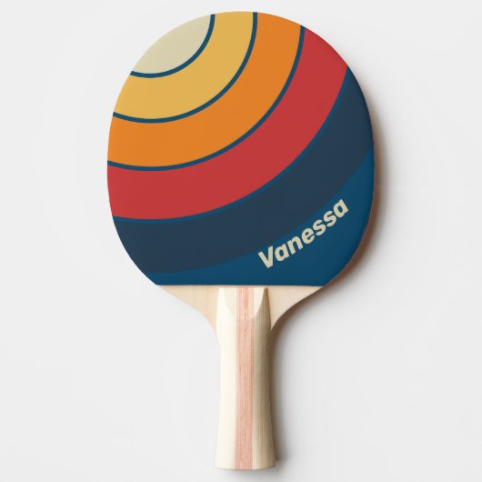 Vintage Blue Rainbow Circle Stripe with Name 卓球ラケット (正面)