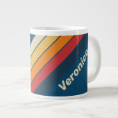 Vintage Blue Rainbow Striped with Name ジャンボコーヒーマグカップ (正面右)