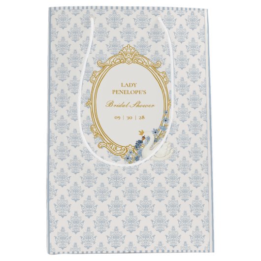 Vintage Blue Regency Cameo Bridal Shower ミディアムペーパーバッグ (正面)