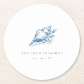 Vintage Blue Seashell Coastal Wedding ラウンドペーパーコースター (正面)